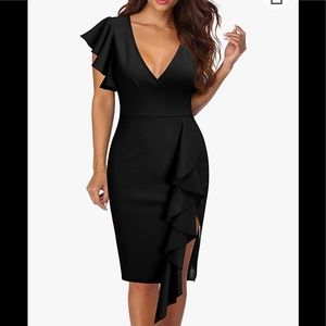 XL black Knitee V Neck Ruffle Sleeves Slit Dress